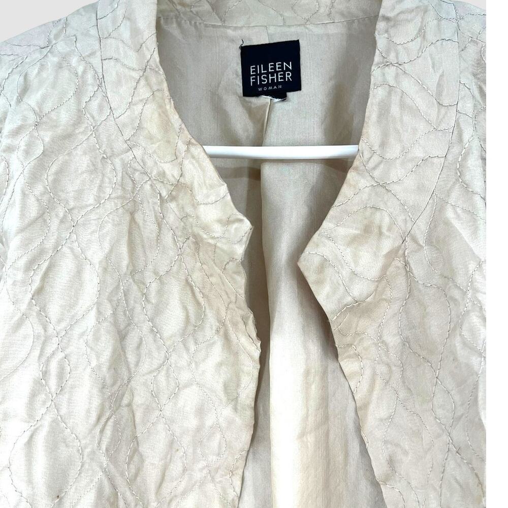 Eileen Fisher XL open front jacket cream textured silk Cardigan Embroidered - Picture 3 of 6